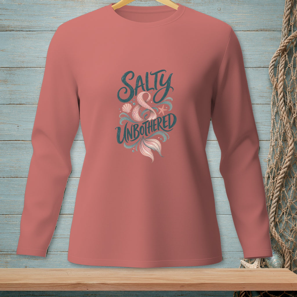 Long-sleeve shirt with "Salty & Unbothered" text and mermaid tail graphic.