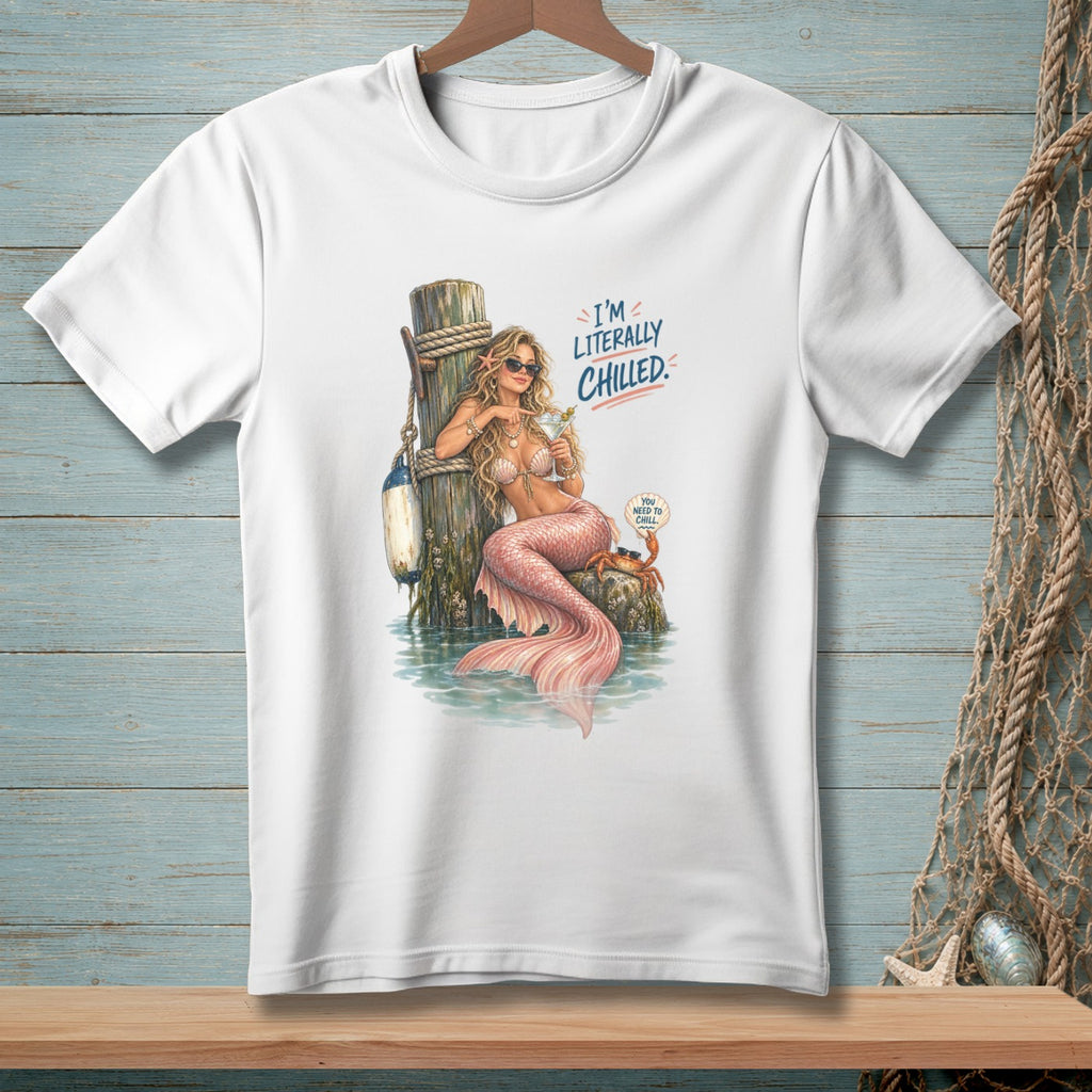 White t-shirt with a mermaid sitting on a post, holding a drink, and text.