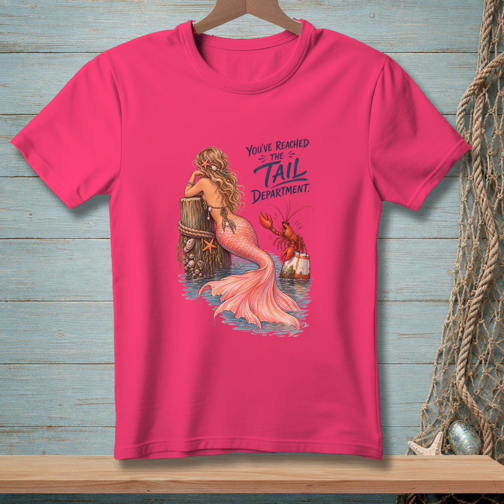 Pink t-shirt with a mermaid and lobster graphic reading "You've Reached The Tail Department."