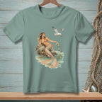 Mermaid on a rock with a drink and a seagull dropping olives.