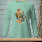 Mint green long-sleeve shirt with a vintage mermaid on a rock illustration.