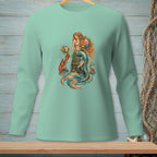 Mermaid with flowers, lobster, and crab on a wooden post in the water.