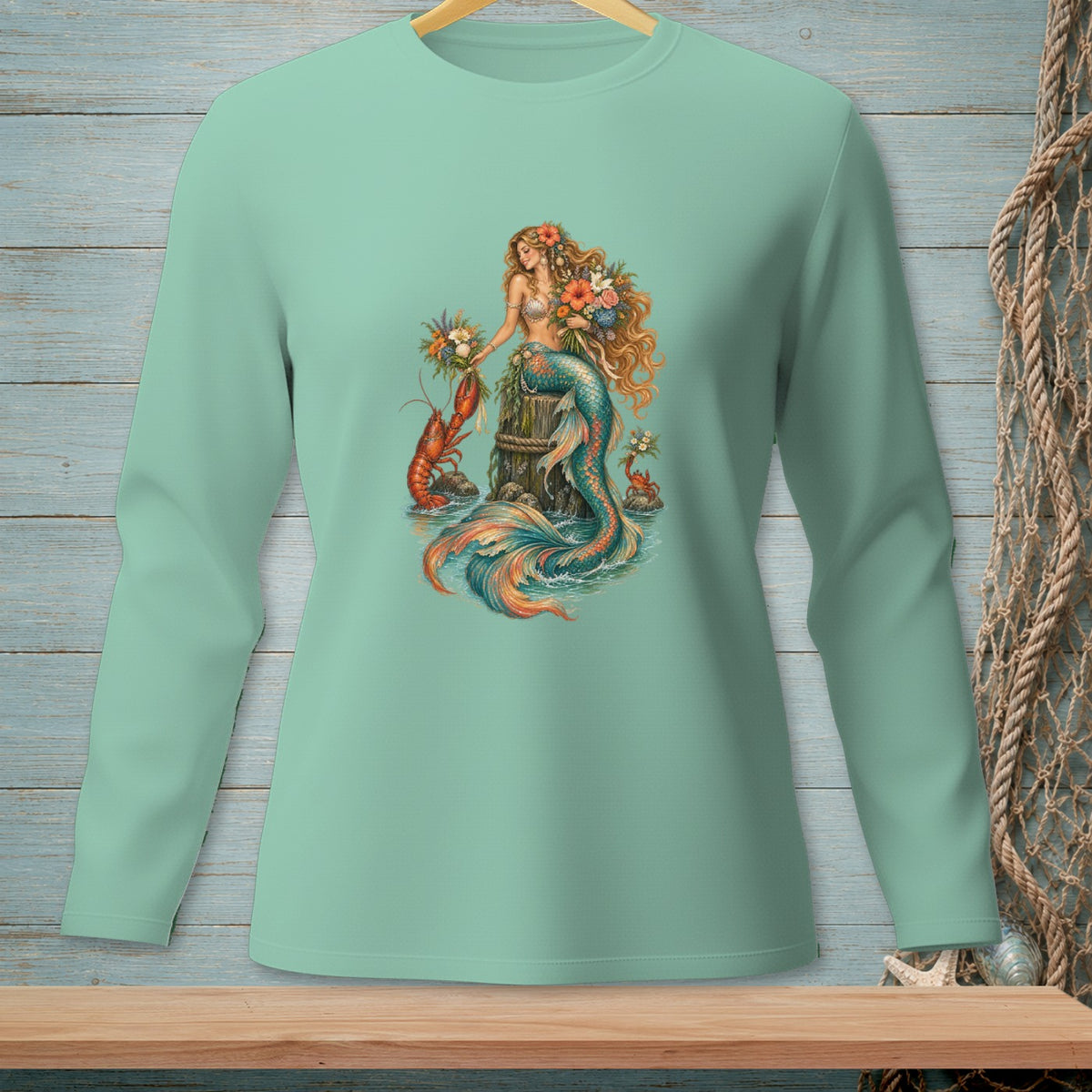Mermaid with flowers, lobster, and crab on a wooden post in the water.