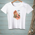 White t-shirt with a mermaid and seagull graphic that reads "Are you finished?".
