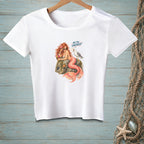 White t-shirt with a mermaid and seagull graphic that reads "Are you finished?".