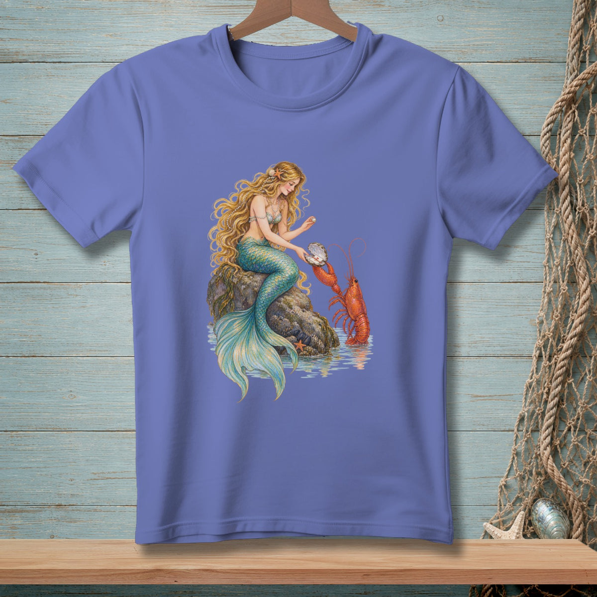 Mermaid with lobster and open oyster on a rock in the water.