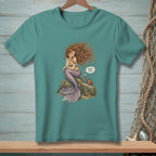 Mermaid with red hair on rock next to a crab. Text bubble says "That's cute."