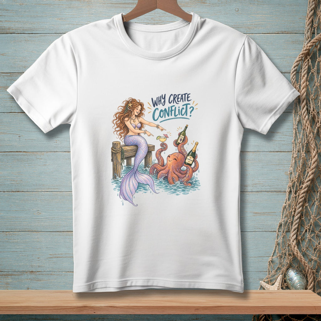 Mermaid points to octopus holding champagne bottles and a drink, with text "Why Create Conflict?".