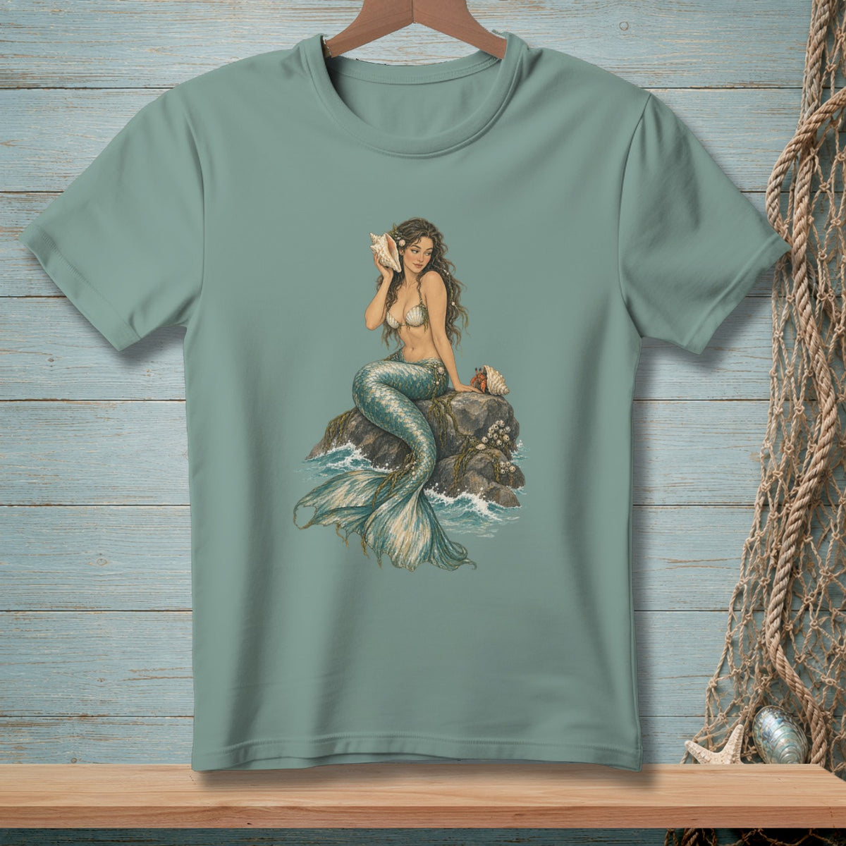 Mermaid holding seashell, sitting on a rock with waves and shells.