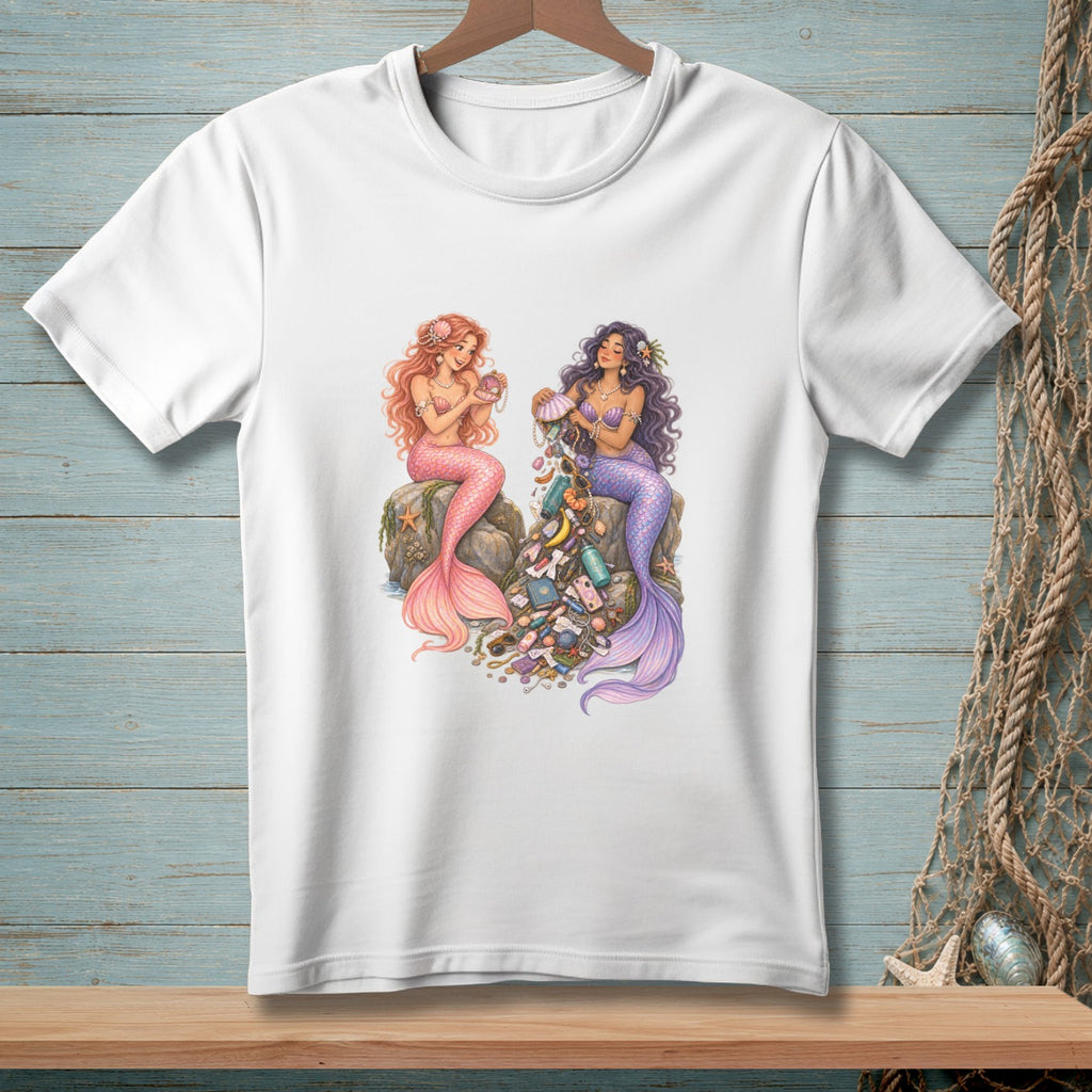 Two mermaids sitting on rocks with a pile of collected treasures.