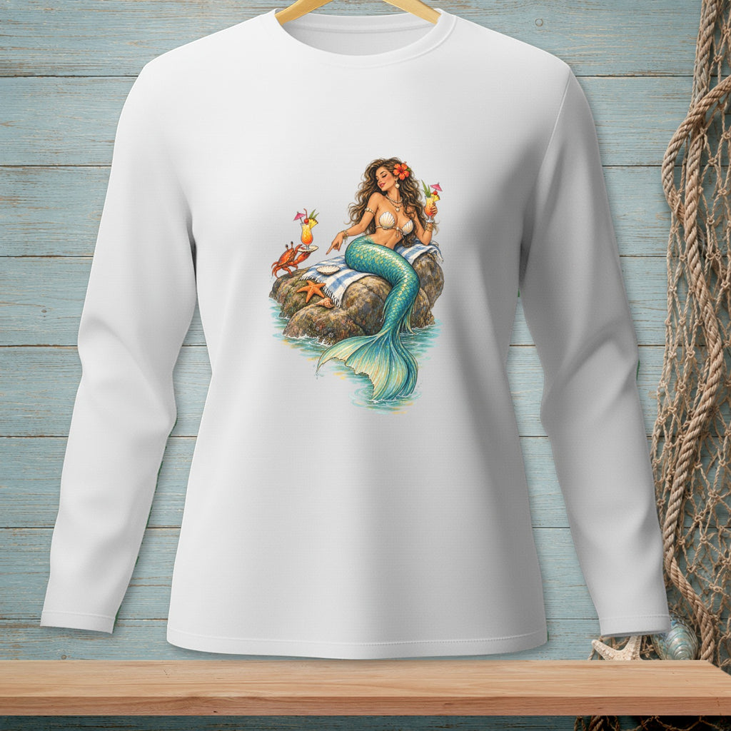 White long-sleeve shirt with a mermaid holding a cocktail on a rock.