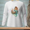 White long-sleeve shirt with a mermaid holding a cocktail on a rock.