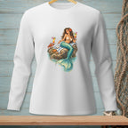 White long-sleeve shirt with a mermaid holding a cocktail on a rock.
