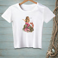 White t-shirt with a mermaid and lobster graphic, text "Next".