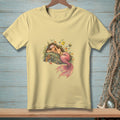 Yellow t-shirt with a sleeping mermaid design surrounded by fish and coral.
