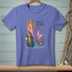 Mermaid on a wooden post with a crab, reads "Talk to the tail, crabcake."