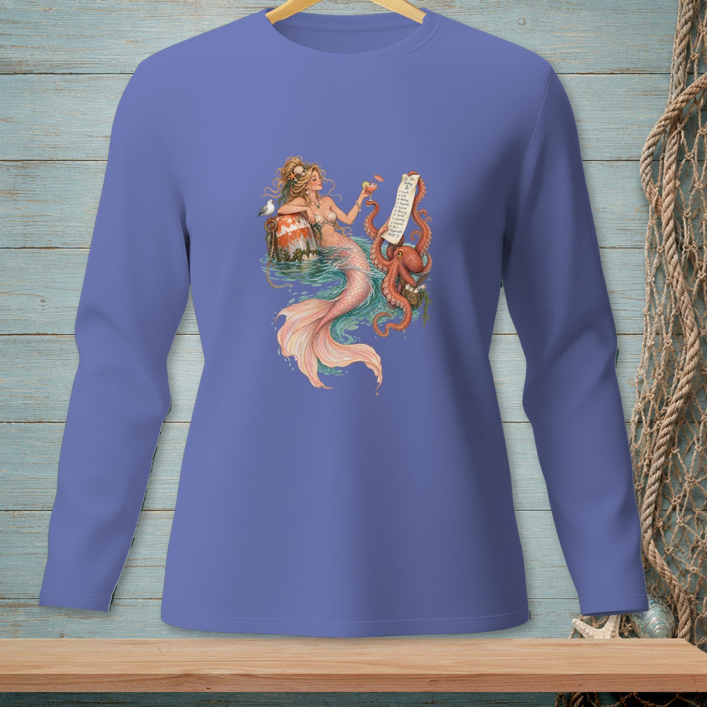 Mermaid with octopus holding a scroll with list of days and cocktail.