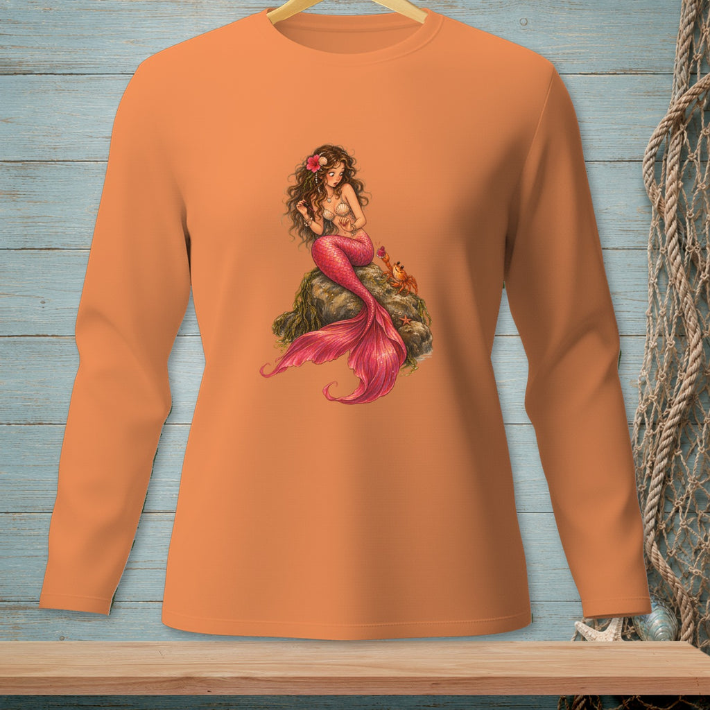 Long sleeve orange shirt with a detailed mermaid graphic and a small crab.