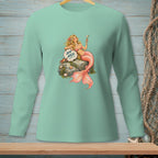 Mint green long-sleeve shirt with a mermaid graphic saying "AIM HIGH".