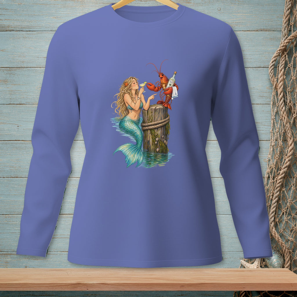 Mermaid and lobster share drinks by a weathered wooden post on the water.