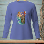 Mermaid and lobster share drinks by a weathered wooden post on the water.