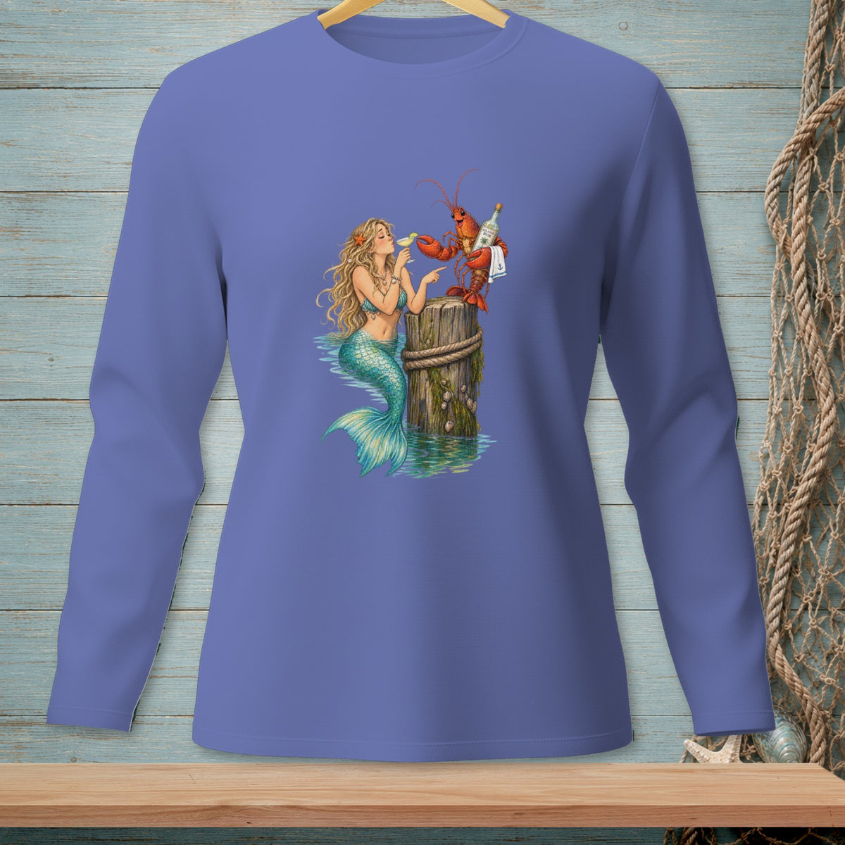 Mermaid and lobster share drinks by a weathered wooden post on the water.