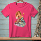Pink t-shirt with a mermaid sitting on a rock, holding a drink, and a crab with the word "ATTITUDE".