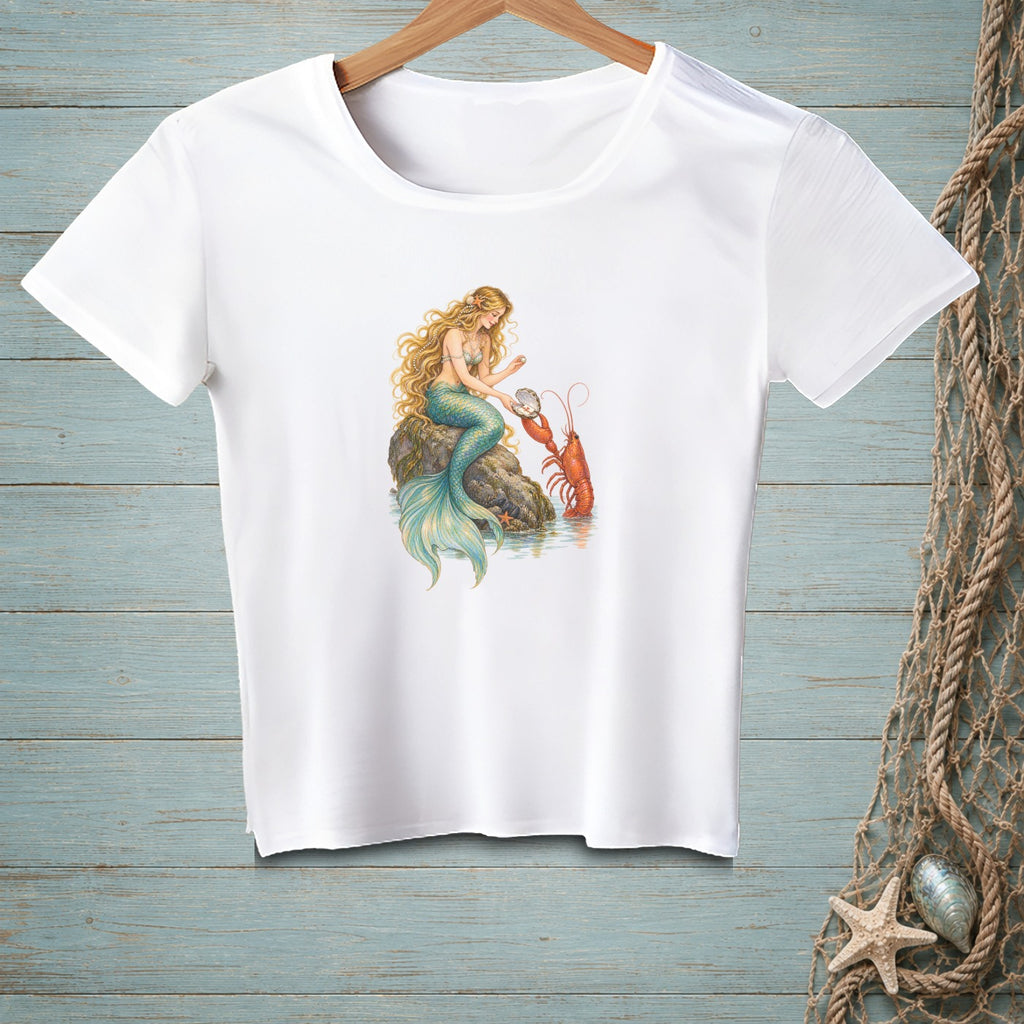 White t-shirt with a mermaid, lobster, and seashell design.