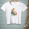 White t-shirt with a mermaid, lobster, and seashell design.