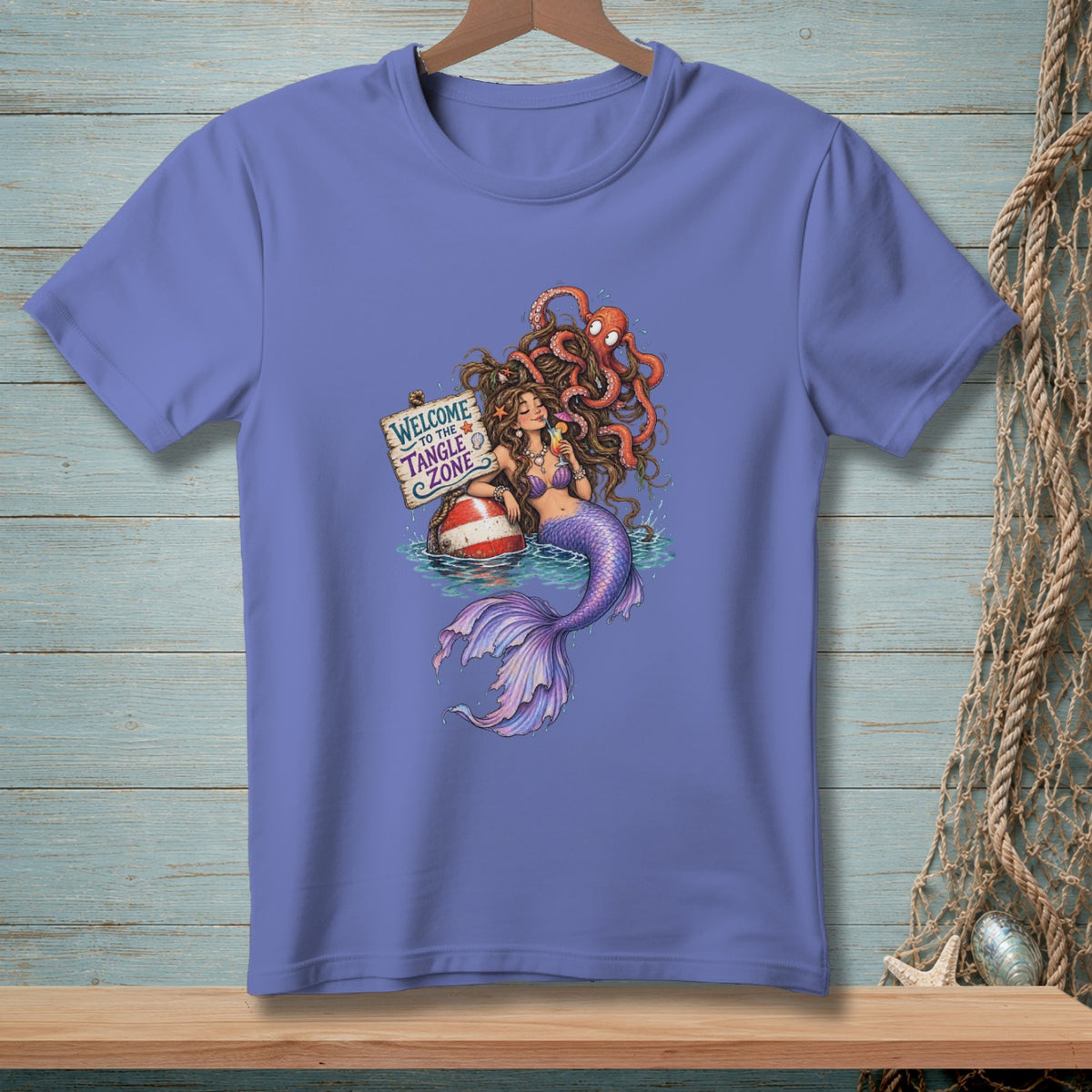 Mermaid with octopus in water holding sign "Welcome to the Tangle Zone".