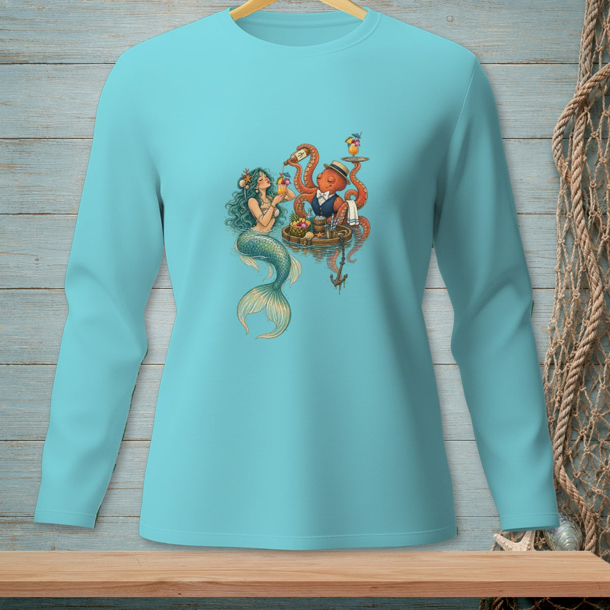 Mermaid and octopus serving drinks on a wooden raft with an anchor.