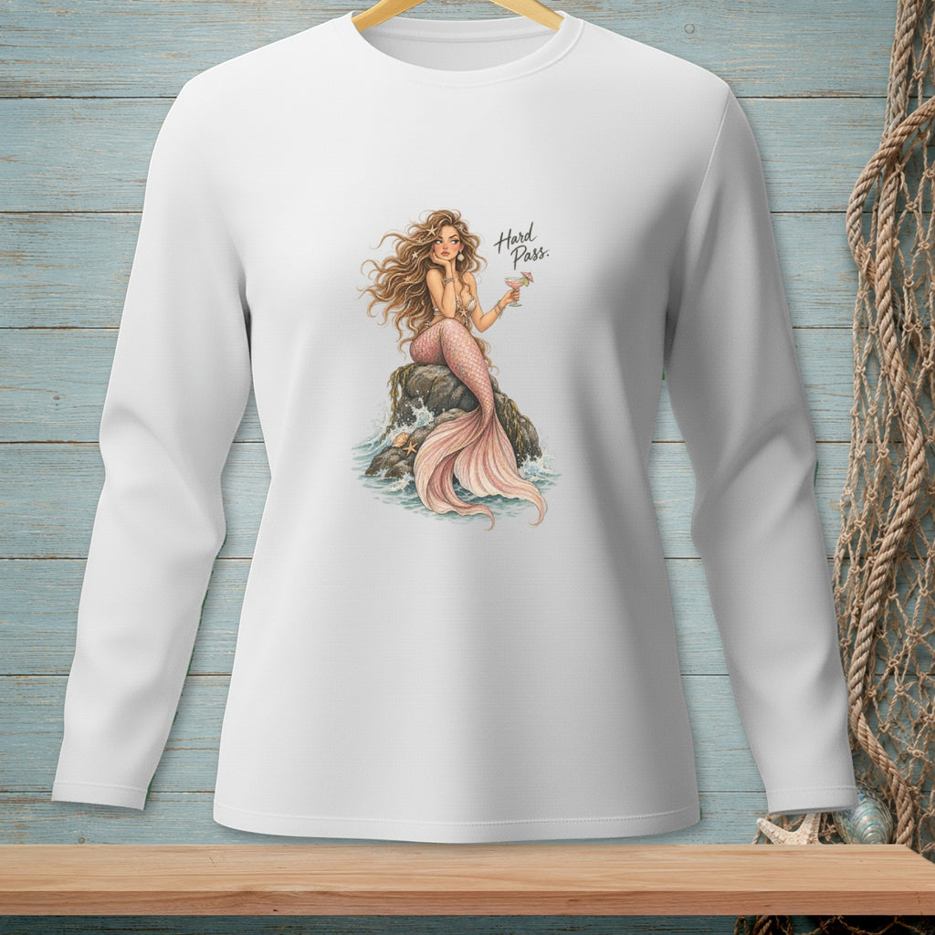 Long-sleeve white shirt with mermaid graphic and text "Hard Pass."