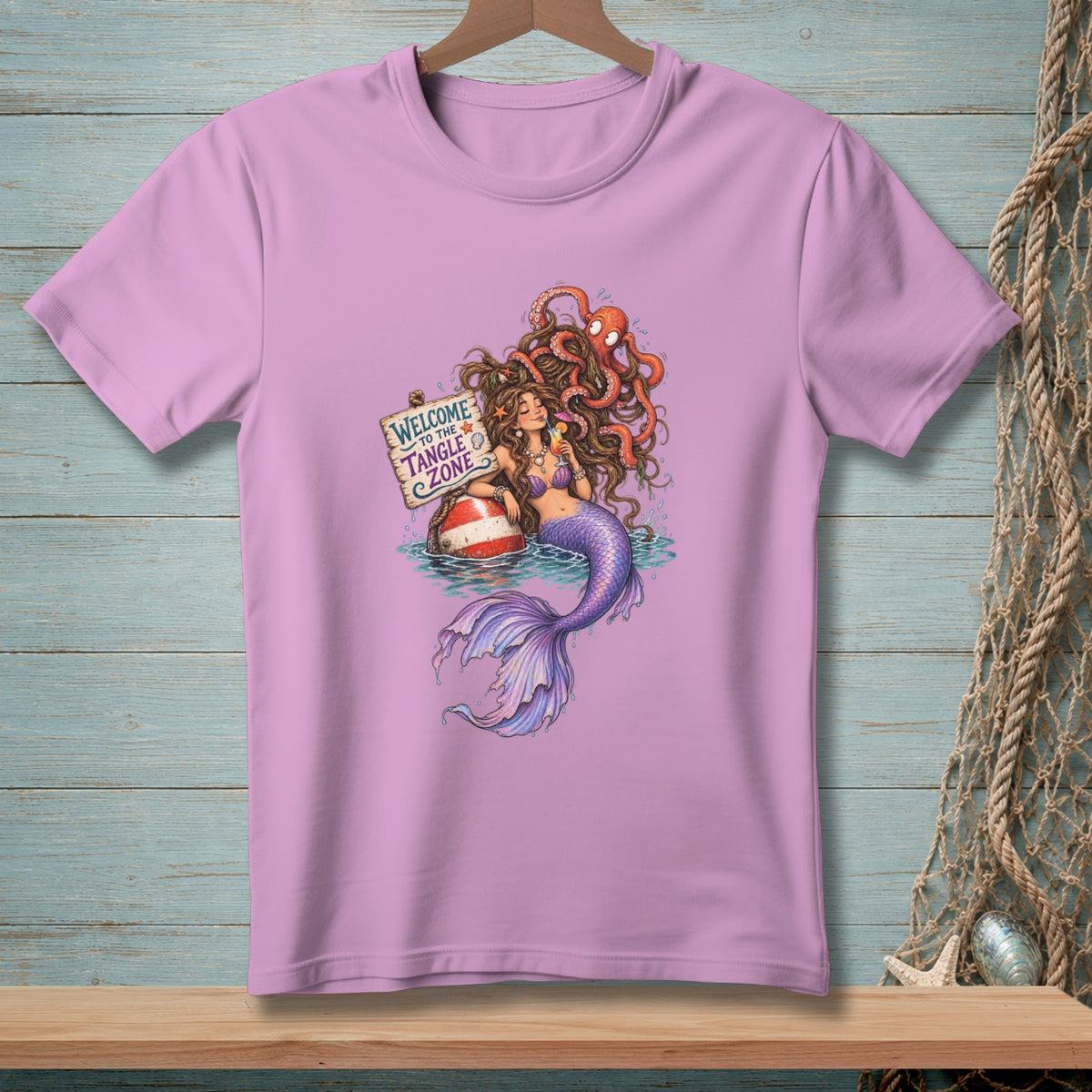 Mermaid with octopus and sign reading "Welcome to the Tangle Zone".