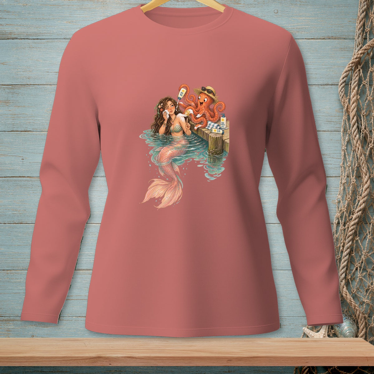 Mermaid and octopus applying sunscreen at a dock, with bottles on a wooden pier.