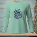 Mint long sleeve shirt with text "Not Today, Land People" and a purple mermaid tail graphic.