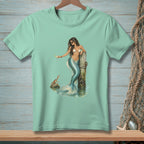 Mermaid with cocktail and crab by a wooden post, graphic design on t-shirt.