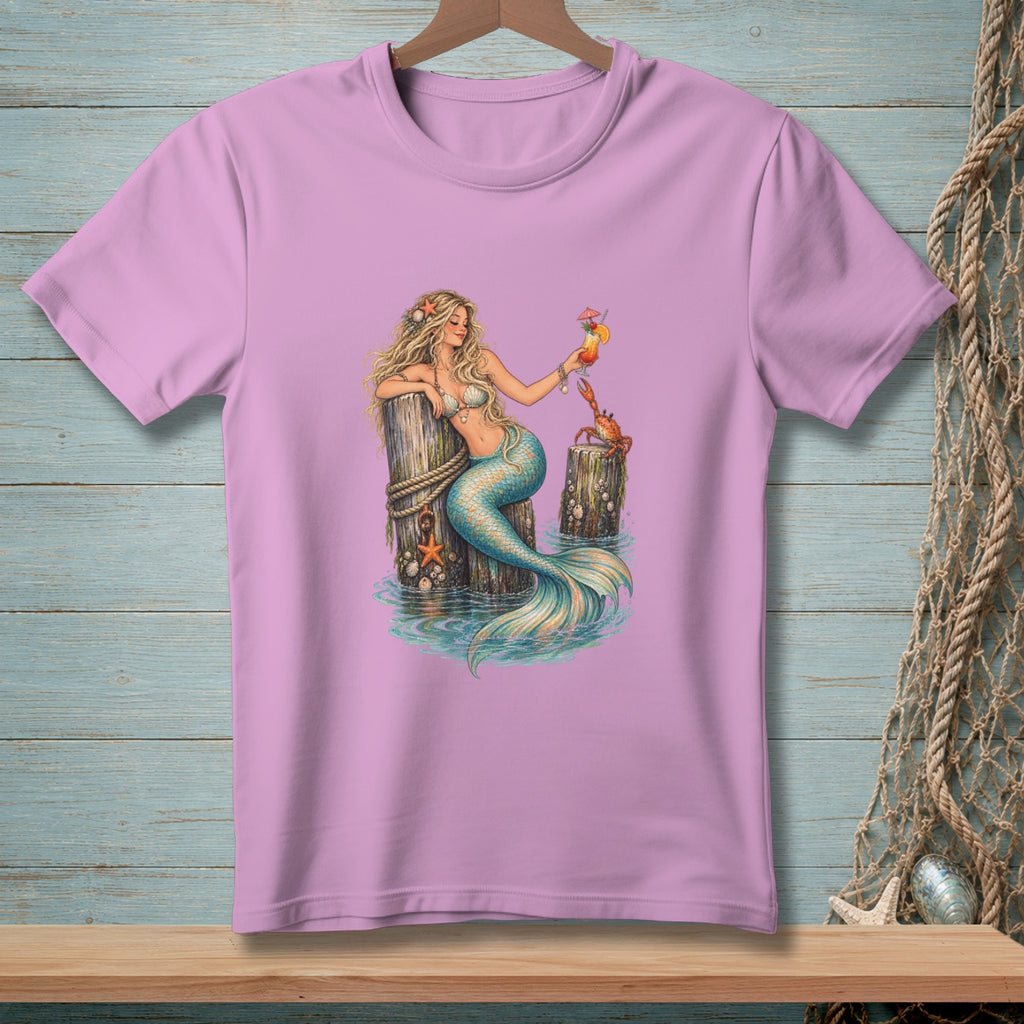Purple t-shirt with a mermaid holding a drink, a crab, and starfish design.