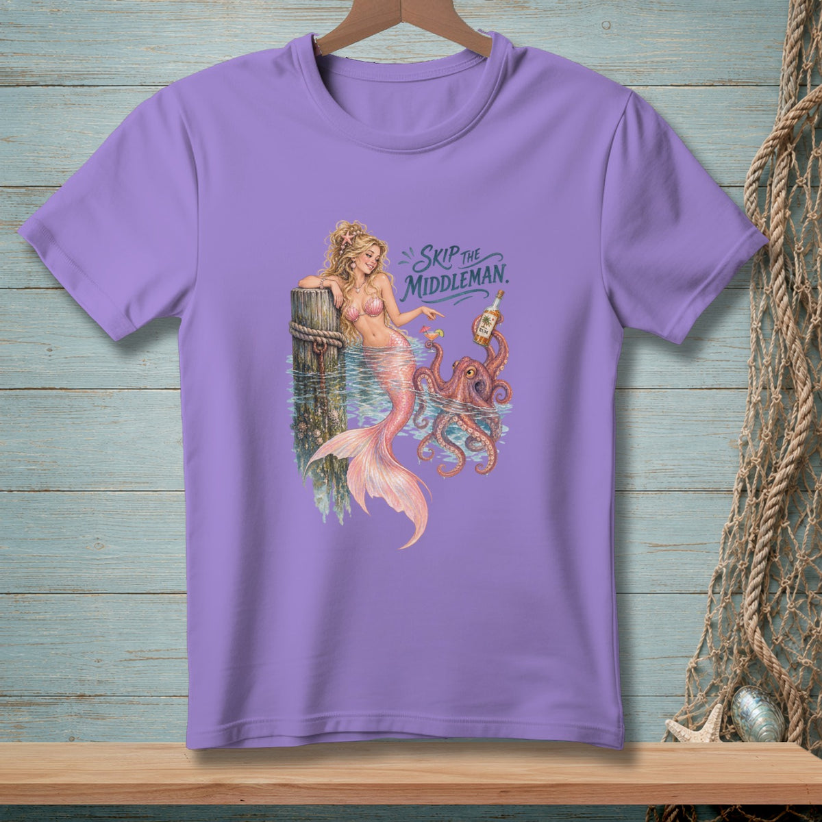 Purple t-shirt with mermaid, octopus, rum bottle, and text "Skip the Middleman."