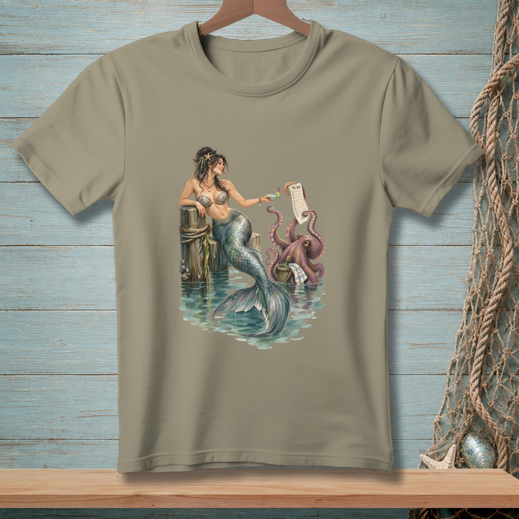 Mermaid holding drink with octopus and "To Do" list on dock.