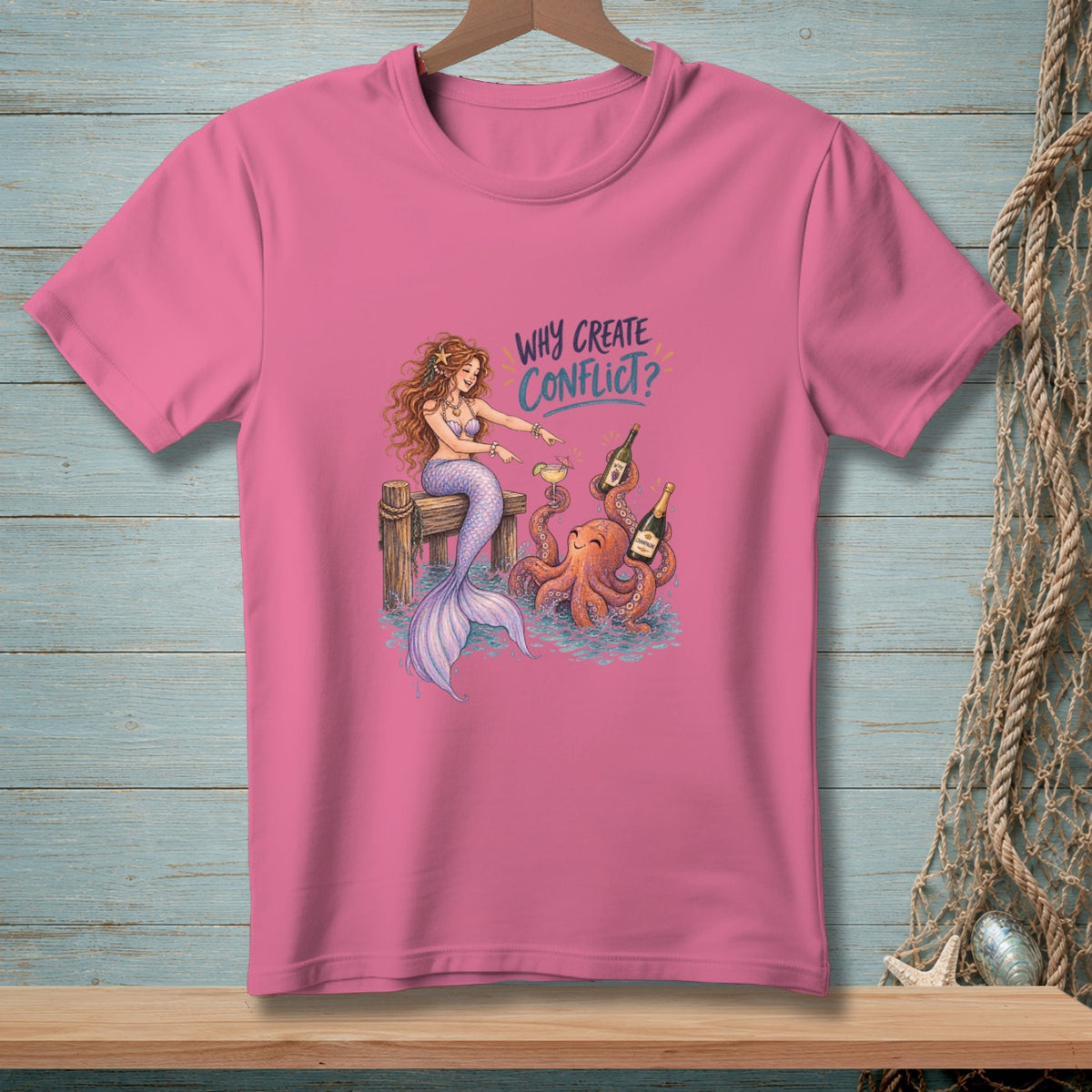 Mermaid and octopus with champagne bottles and drinks, text "Why Create Conflict?".