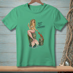 Mermaid holding champagne and flower, lobster on wooden posts, "Don't Get Comfortable" text.