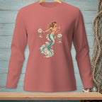 Mermaid with "Drama" and "Drinks" signs, holding a cocktail.