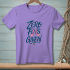 Purple t-shirt with "Zero Fins Given" text and a pink mermaid tail graphic.