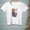 White t-shirt with a mermaid sitting on a dock next to a seagull and a "Thoughts and Prayers" sign.