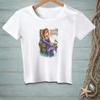 White t-shirt with a mermaid sitting on a dock next to a seagull and a "Thoughts and Prayers" sign.