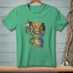 Three mermaids sit at a table on a dock, holding drinks and surrounded by shimmering tails.