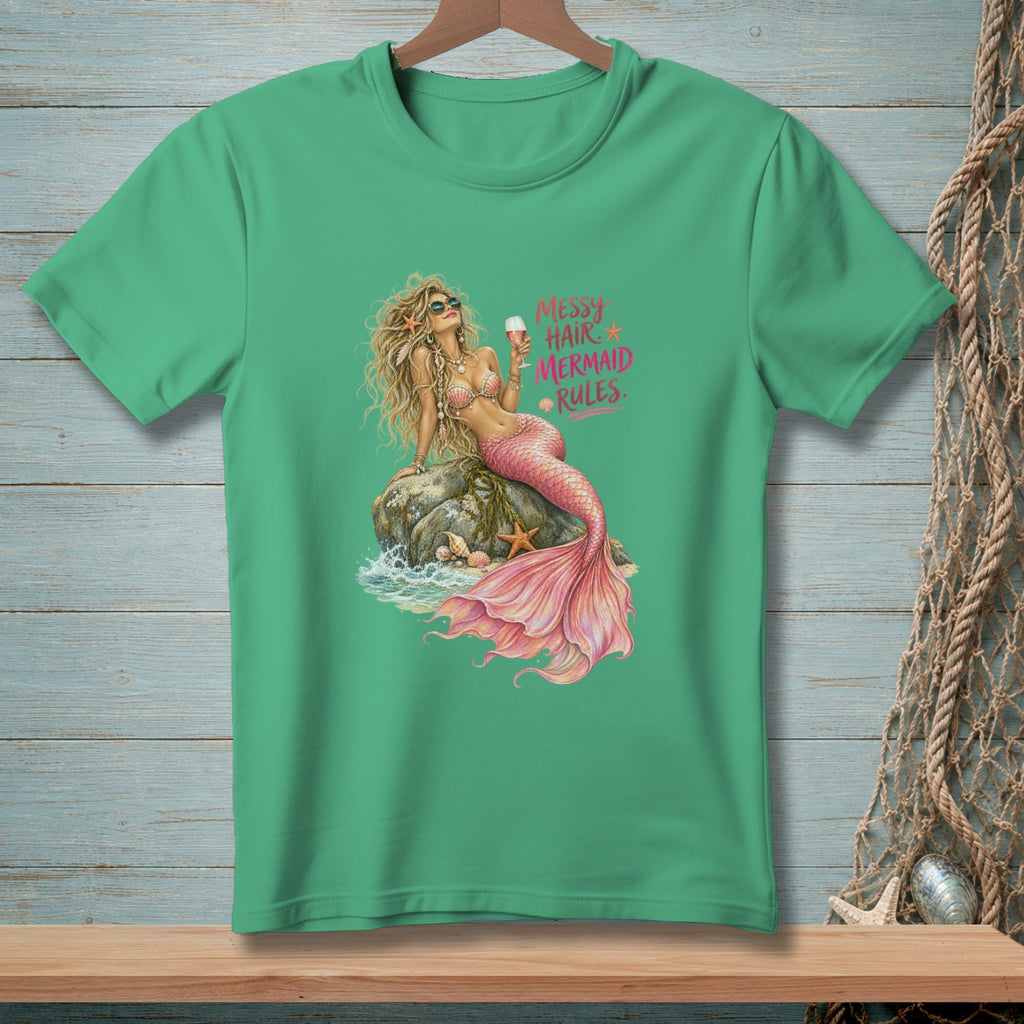 Mermaid with pink tail and sunglasses on a rock, text "Messy Hair Mermaid Rules".