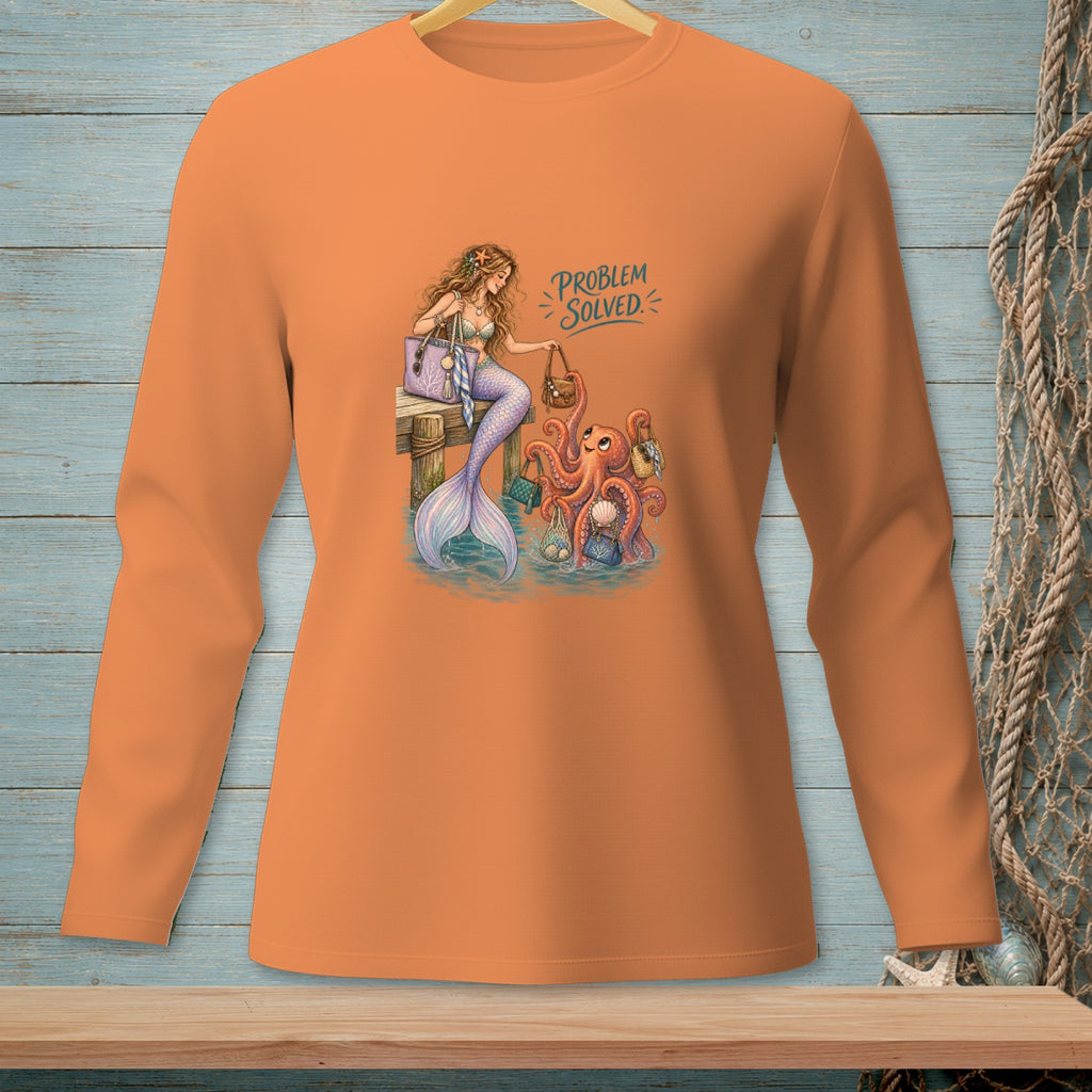 Orange long-sleeve shirt with mermaid and octopus shopping graphic, text "PROBLEM SOLVED."