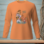 Orange long-sleeve shirt with mermaid and octopus shopping graphic, text "PROBLEM SOLVED."