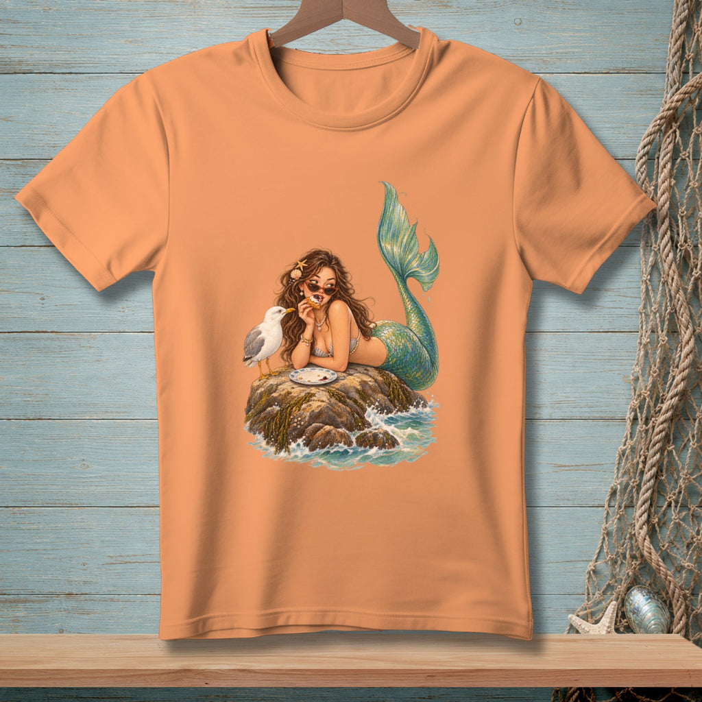 Mermaid with sunglasses eating pizza on a rock with a seagull.